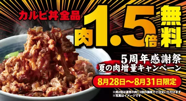 【4日間限定】対象5品のカルビ肉1.5倍増量が無料に　焼きたてのかるび 5周年記念企画