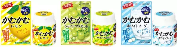 「お菓子の「かむかむ」シリーズがリニューアル、「かむかむレモン」と「かむかむシャインマスカット」は果汁配合バランスを変更」の画像