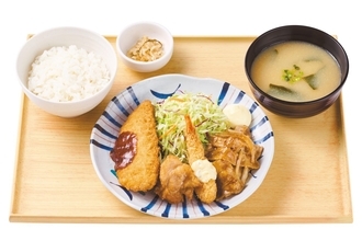 【やよい軒】しょうが焼･エビフライ･から揚げ･白身フライが一皿に　4種のおかずを楽しむ『熱盛定食』発売