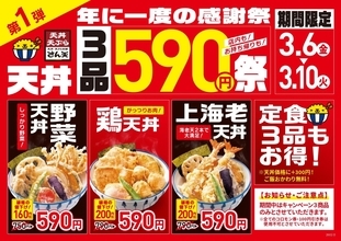 海老天丼200円引き、鶏天丼200円引き、野菜天丼160円引き　天丼チェーンが感謝祭を開催【3月6日から】