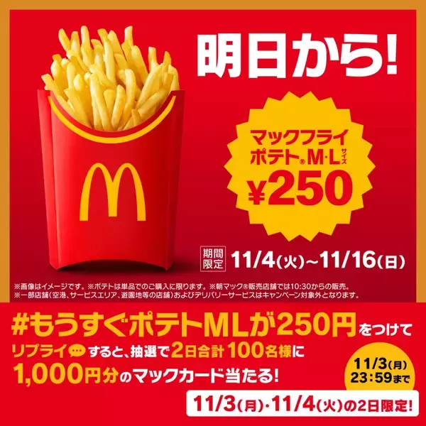 「13日間限定「マックフライポテト」Lサイズを250円で販売、130円引きの特別価格に【マクドナルド】」の画像
