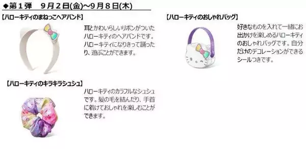 「ハッピーセット「ハローキティ」発売、おしゃれバッグ・サウンドリストバンドなど6種類、週末プレゼント“キラキラシール”も/マクドナルド」の画像