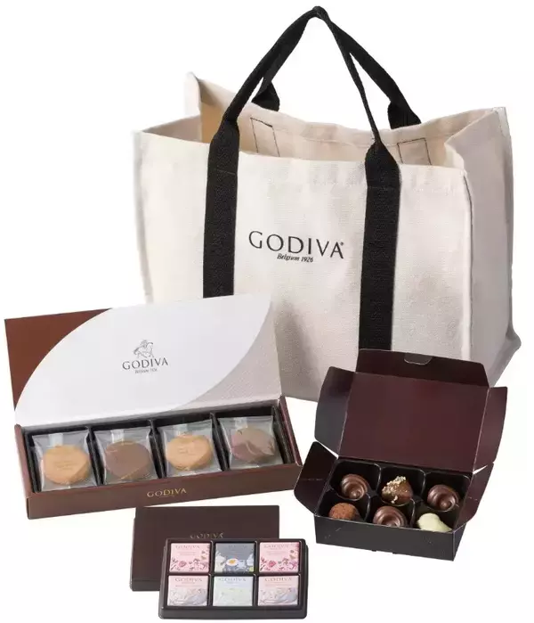 「ゴディバ「2023 ブラックフライデー ハッピーバッグ」、ボックス型トートバッグにチョコレート・クッキーなど詰めた福袋、11月17日発売」の画像
