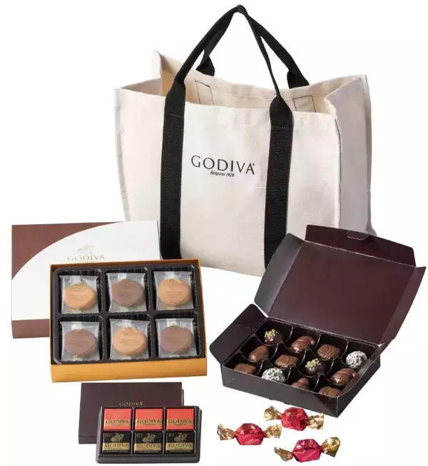 「ゴディバ「2023 ブラックフライデー ハッピーバッグ」、ボックス型トートバッグにチョコレート・クッキーなど詰めた福袋、11月17日発売」の画像