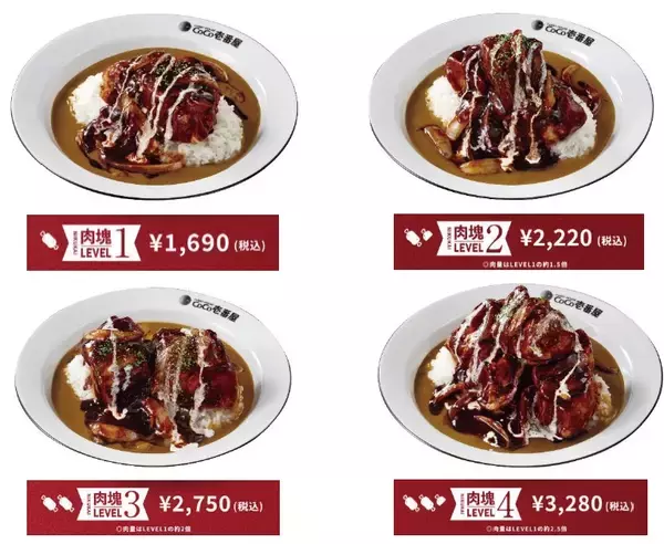 「【ココイチ】「肉塊カレー」の販売開始、「肉塊オーダー制」で豚肩ロース肉の量を選べる（最大レベル4まで）」の画像