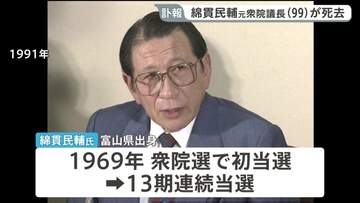元衆議院議長の綿貫民輔氏が死去　99歳　自民党幹事長や建設大臣を歴任