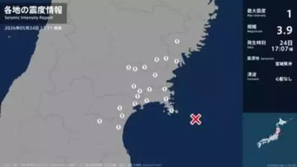 岩手県、宮城県で最大震度1の地震　岩手県・住田町、一関市、宮城県・気仙沼市、登米市、栗原市、大崎市