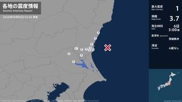 茨城県で最大震度1の地震　茨城県・水戸市、日立市、高萩市、笠間市、ひたちなか市、小美玉市、東海村、土浦市