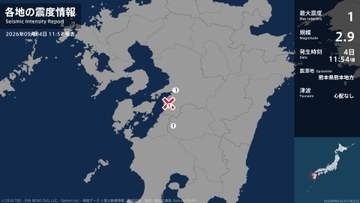 熊本県で最大震度1の地震　熊本県・八代市、宇城市、球磨村