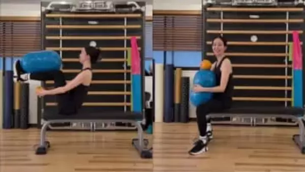 【 松島花 】驚異の体幹「脚にバランスボール」で腹筋トレーニング　フォロワー感嘆「いつもながら凄い」