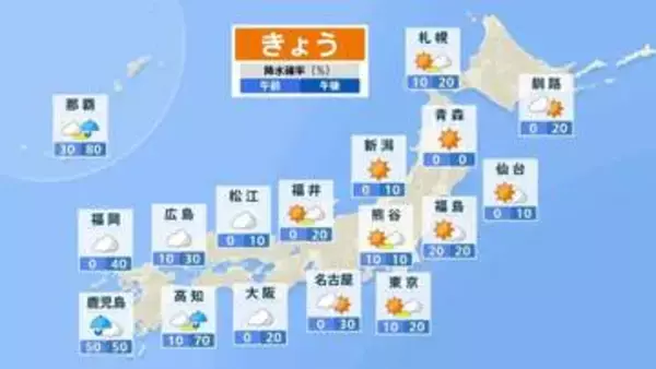 上空寒気は日本から撤退　東・北日本は洗濯外干しOK　梅雨前線に近い西日本や沖縄・奄美で雨や雷雨に