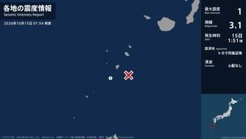 鹿児島県で最大震度1の地震　鹿児島県・鹿児島十島村