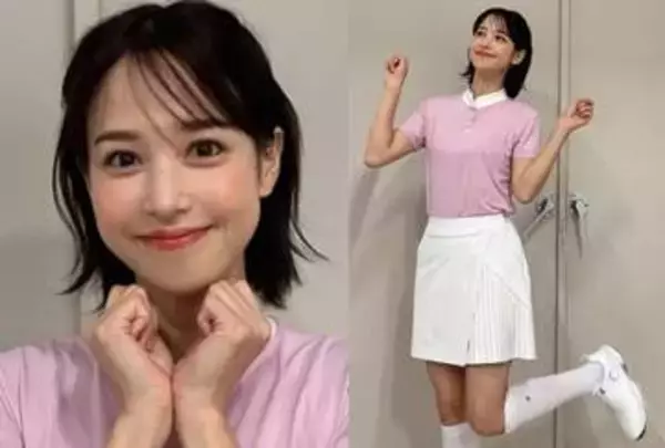 【鷲見玲奈】ゴルフウェアのオフショット「可愛いウェアを着て可愛い髪型にしてもらったので、思いっきりぶりっ子してみました　怒らないで…！笑」