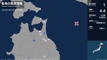 北海道、青森県、岩手県で最大震度1の地震　北海道・函館市、青森県・八戸市、野辺地町、七戸町、五戸町