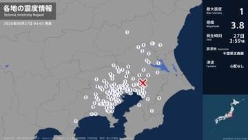 茨城県、栃木県、埼玉県、千葉県、東京都、神奈川県で最大震度1の地震　茨城県・水戸市、笠間市、土浦市