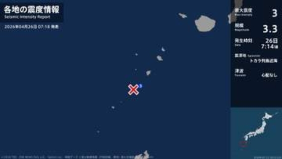 鹿児島県で最大震度3の地震　鹿児島県・鹿児島十島村