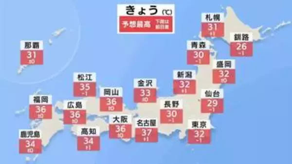 九州で40℃以上の酷暑日予想 東海～西日本で猛暑日続出へ　午後は各地で雨雲湧き、急な激しい雷雨に警戒【22日これからの天気】