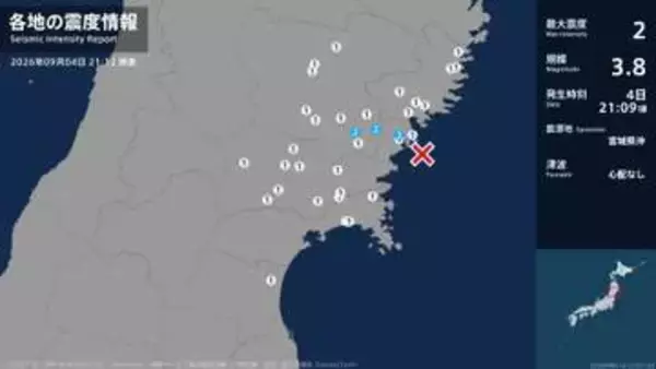 岩手県、宮城県で最大震度2の地震　岩手県・一関市、宮城県・気仙沼市