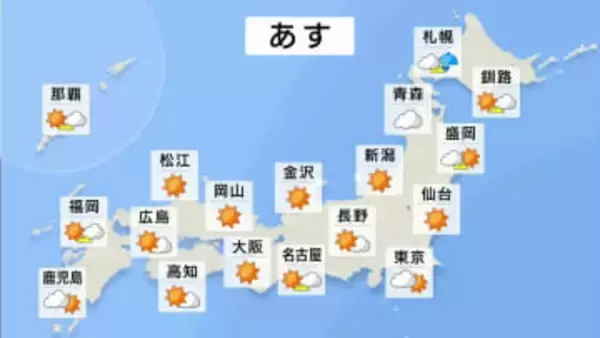 あす（19日）も広く晴れる予想　ただ北海道は夕方以降 日本海側で雨・雪が降る所がある見込み　日曜日（21日）は全国的に雨予想