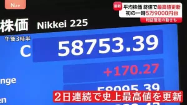 日経平均株価2日連続で最高値更新　一時5万9000円台　終値5万8753円　アメリカ半導体大手エヌビディアの決算が予想上回る　利益確定の動きも