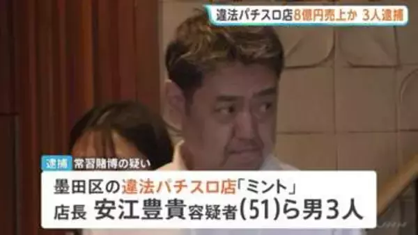 約8億円売り上げか 違法パチスロ店「ミント」摘発　店長ら男3人を現行犯逮捕　東京・墨田区江東橋　警視庁