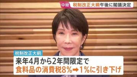 税制改正大綱を閣議決定へ　食料品消費税1%に引き下げなど　財源は「赤字国債に頼らない」と強調も確保の具体化は年末に持ち越された形