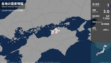 香川県で最大震度1の地震　香川県・丸亀市、観音寺市、三豊市、宇多津町、綾川町、琴平町、まんのう町