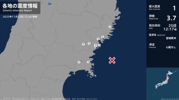 岩手県、宮城県で最大震度1の地震　岩手県・大船渡市、陸前高田市、釜石市、一関市、宮城県・気仙沼市、石巻市