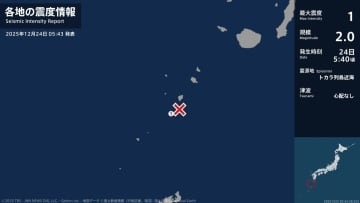 鹿児島県で最大震度1の地震　鹿児島県・鹿児島十島村