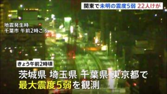 きょう（23日）未明　関東の広い範囲で震度5弱　少なくとも22人がけが　今後1週間ほどは今回と同じ最大震度5弱程度の地震に注意