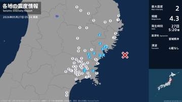 岩手県、宮城県で最大震度2の地震　岩手県・大船渡市、陸前高田市、住田町、遠野市、一関市、宮城県・気仙沼市