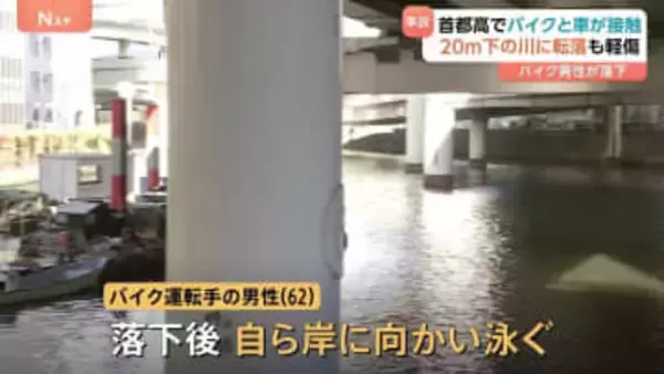「助かったと聞いてほっとした」首都高で乗用車とバイクが接触事故　バイク運転の62歳男性が20m下の川に落ちるも…泳いで岸に向かい軽傷