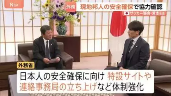 日本サッカー協会・宮本恒靖会長が茂木外務大臣と面会　現地で観戦する日本人の安全確保で協力確認