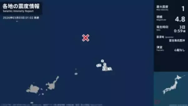 沖縄県で最大震度1の地震　沖縄県・宮古島市