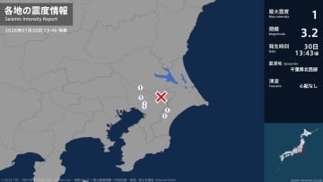 茨城県、千葉県で最大震度1の地震　茨城県・取手市、千葉県・東金市、山武市、千葉花見川区、八千代市、白井市