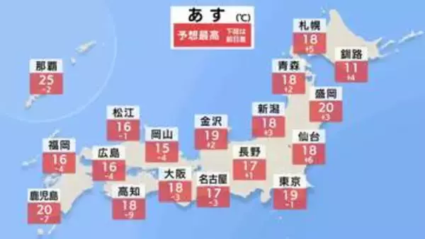 【あすの天気】西日本で広く本降りの雨 最高気温も15℃前後で昼間もひんやり　北日本は広く晴れ