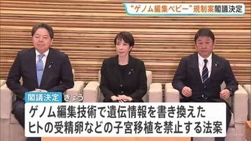 ゲノム編集技術などで遺伝情報を書き換えたヒトの受精卵　子宮への移植を禁止する法案を閣議決定　「デザイナーベビー」などの懸念踏まえ　政府
