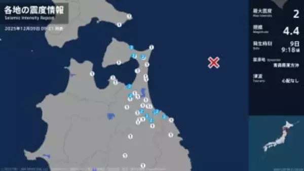 青森県で最大震度2の地震　青森県・八戸市、野辺地町、七戸町、五戸町、青森南部町、階上町、むつ市、東通村