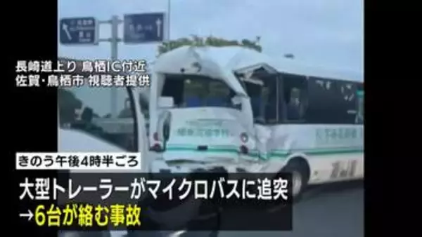 高校のマイクロバスなど6台絡む事故　バスの11人搬送され生徒1人が重傷　大型トレーラーが渋滞の列に突っ込んだか　佐賀・鳥栖市の長崎道