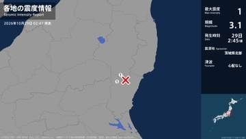 福島県、茨城県で最大震度1の地震　福島県・矢祭町、茨城県・大子町
