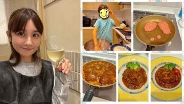 【 小倉優子 】三男とキノコの煮込みハンバーグを試作　「最近のご飯色々です」　白ワインを手にしたショットも