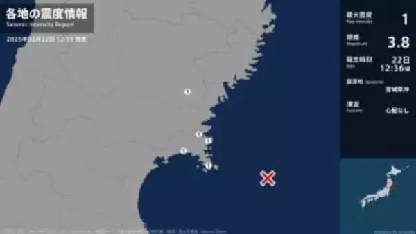 岩手県、宮城県で最大震度1の地震　岩手県・一関市、宮城県・石巻市