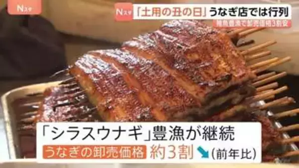「土用の丑の日」うなぎ卸売価格は3割安　稚魚「シラスウナギ」豊漁で　うなぎ店では行列　約1200枚仕込みも夕方には売り切れ