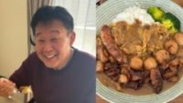 【 花田虎上 】　朝食に「焼き鳥カレー」堪能　「こんなカレー見たことないよ」「美味しかったです」「焼き鳥の皮　12本は買い過ぎでした」