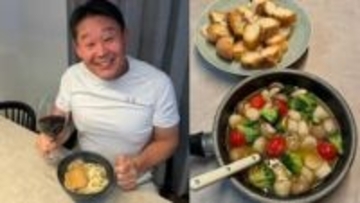 【 花田虎上 】 「アヒージョ」と「白ワイン」に舌鼓　締めは「きつねうどんには赤ワイン」　夕食を堪能