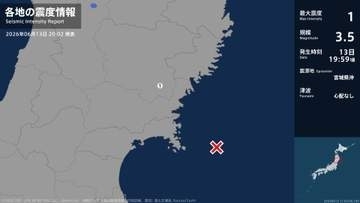 岩手県で最大震度1の地震　岩手県・一関市