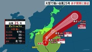大型で強い台風25号 暴風域伴い21日昼前から夜遅くにかけて関東甲信地方にかなり接近見込み 航空・鉄道の一部で取りやめも