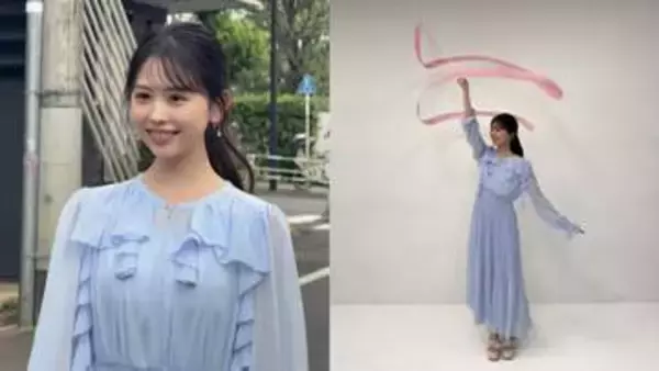 【 キンコン梶原の長女・梶原叶渚 】　水色フリルワンピ姿のオフショット　「久しぶりにリボンさわりました」　リボン技を披露