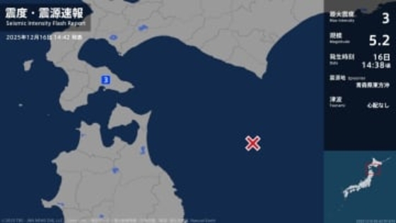 北海道で最大震度3の地震　北海道・函館市
