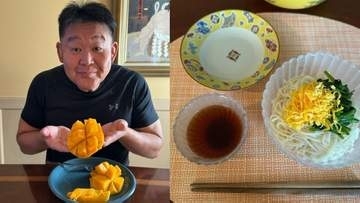 【 花田虎上 】　贈り物で届いた旬の味覚を家族で満喫 　「今までで一番熟れていて甘くて美味しい」　メキシコマンゴーや小豆島素麺に感謝